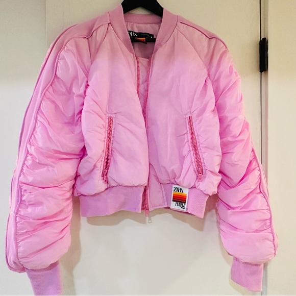 Great pink Bomber jacket by Zara special collab collection with purple magazine. - Picture 1 of 5